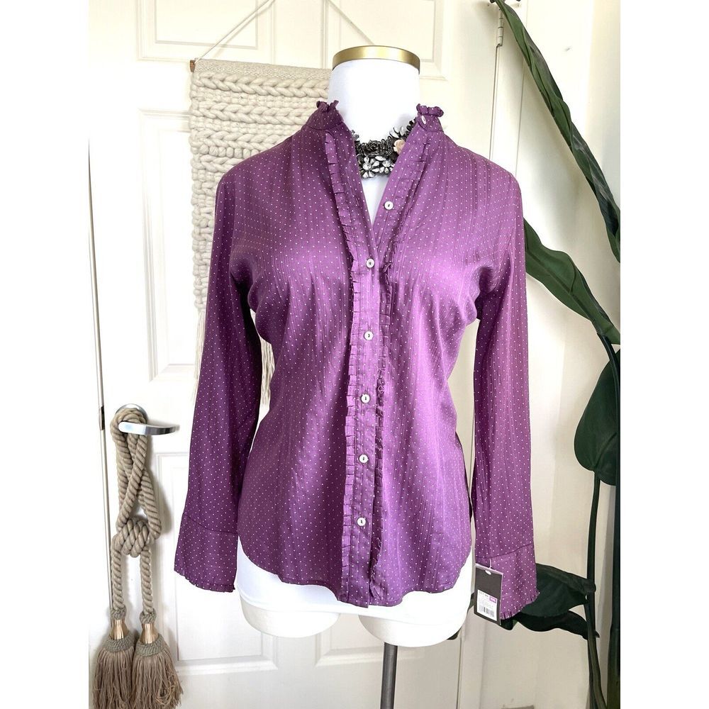 Merona NEW Button Up Shirt Purple Long Sleeve Plus Size 18 Top Ruffle Polka Dots